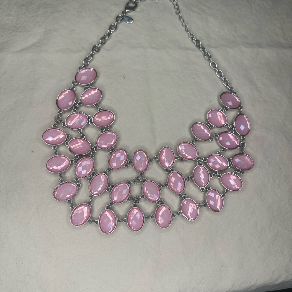 Pink and Silver Bib Necklace with Teardrop Stones